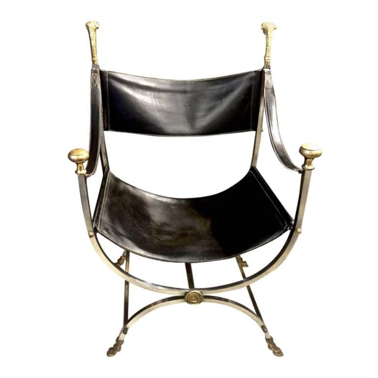 X frame Chair in Brushed Steel and Brass With new saddlery leathers