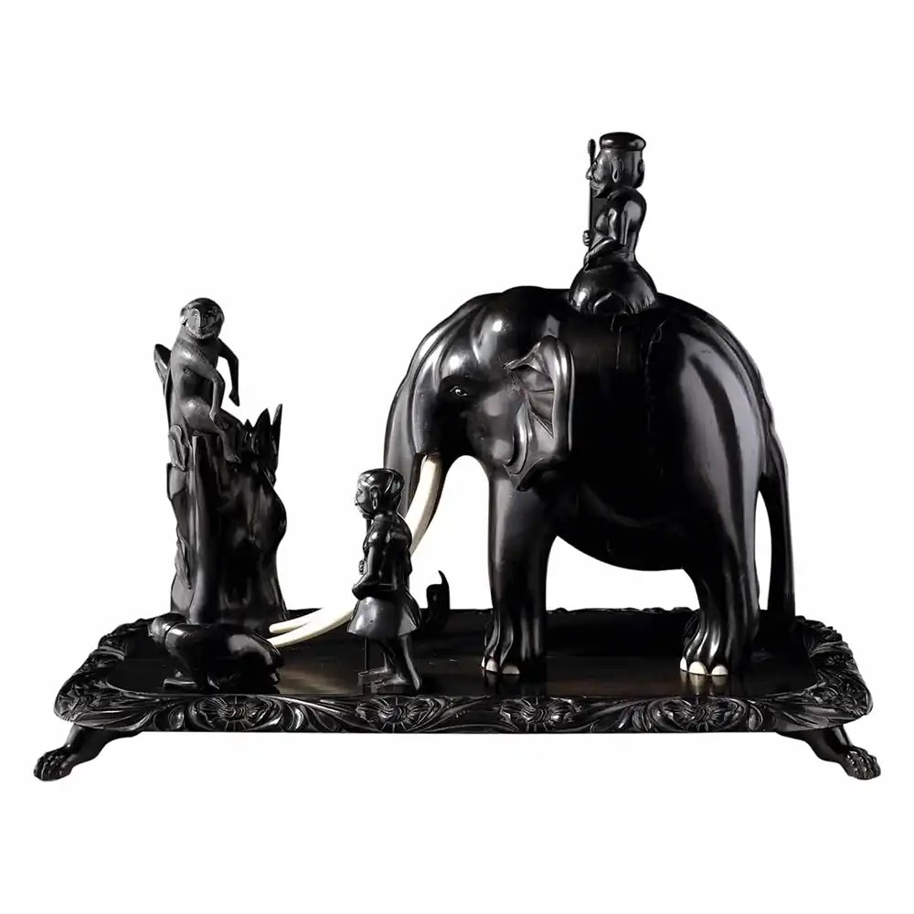 Exquisite 19th Century Anglo-Indian Ebony Elephant Sculpture with Mahouts and Monkey